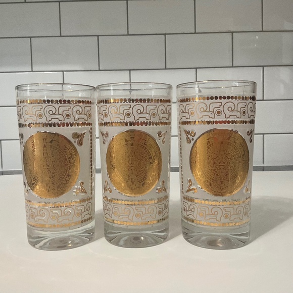 Set of 3 VTG Mid-Century Hazel Atlas Frosted Aztec Gold Medallion Highball Glass - Picture 1 of 7